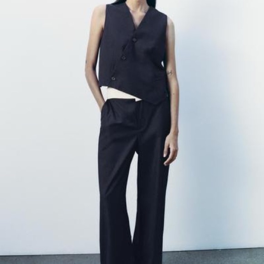 Blue Tailored Wide-Leg Pants with Foldover Waist
